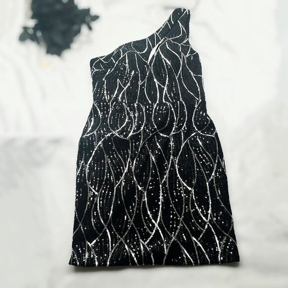Nox Anabel Sequin Cocktail Dress Womens Medium Asymmetrical Cut Out One Shoulder - Picture 14 of 15